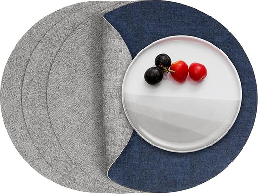 Myir JUN Round Placemats Dual Sided, Faux Leather Place Mats Set of 4 Indoor Placemat for Dining Table Outdoor Place Mat Non-Slip Washable Table Mats (Gray Blue, Set of 4)