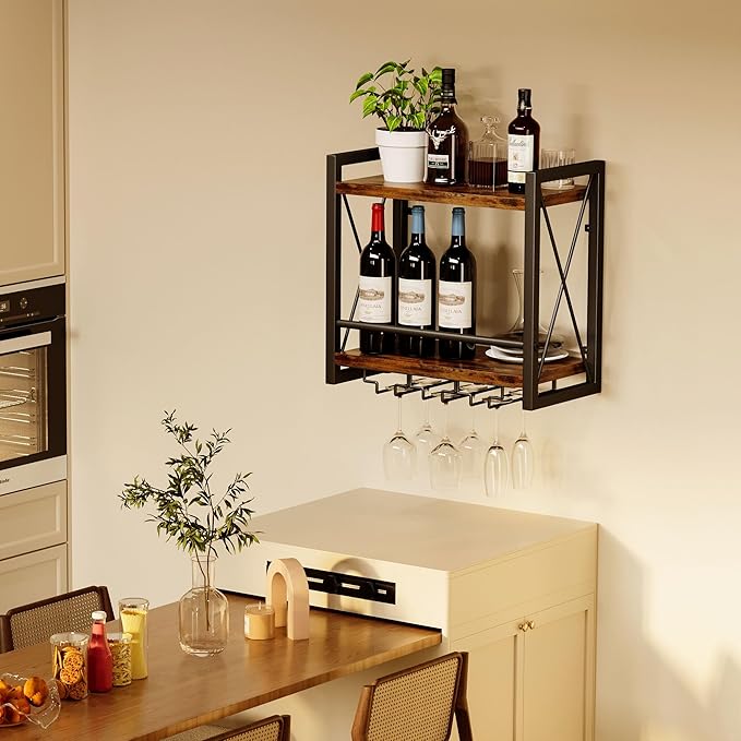 Homeiju Wall Mounted Wine Rack, Bottle & Glass Holder Wood-Metal Retro Wine Rack, Wine Bottles Display Wall Storage for Kitchen Dining Room Home Bar
