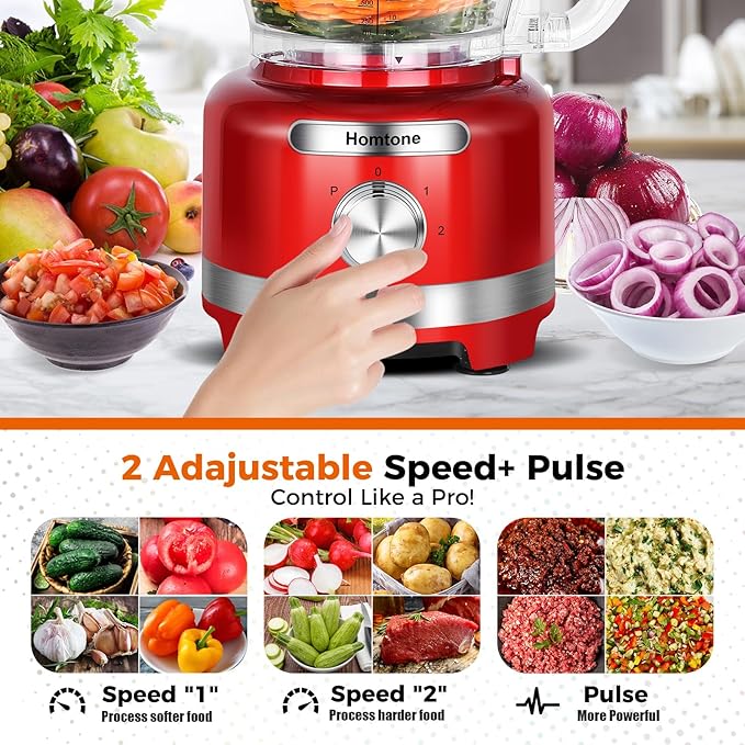 Homtone 16 Cup Food Processor Large, 9 Functions 7 Blades 3 Speeds for Shredding, Slicing, Making French Fries, Chopping Meat, Kneading Dough & Emulsifying, 600W (16 Cup-7 Blades)