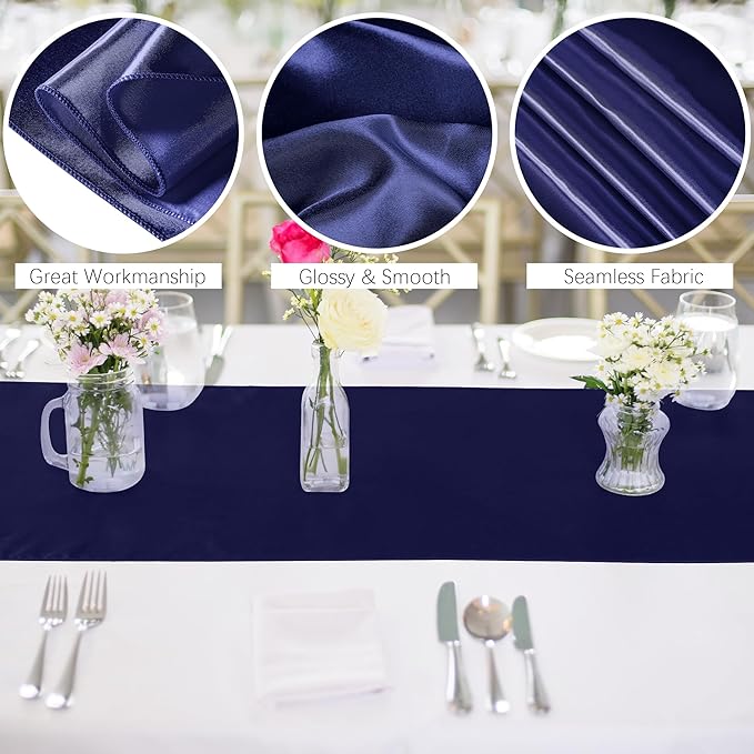 ANECO 4 Pack Satin Table Runner 12 x 108 Inch Long Bright Silk and Smooth Fabric Party Table Runner for Wedding Banquet Party Decoration- Navy Blue