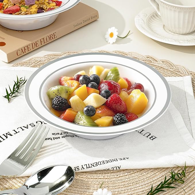 BESTVIP 50 Pack Plastic Bowls with Silver Rim, 12 oz Disposable Soup Bowls, Heavy-duty Dessert Salad Bowl for Party, Wedding, Christmas, Catering and Dinner