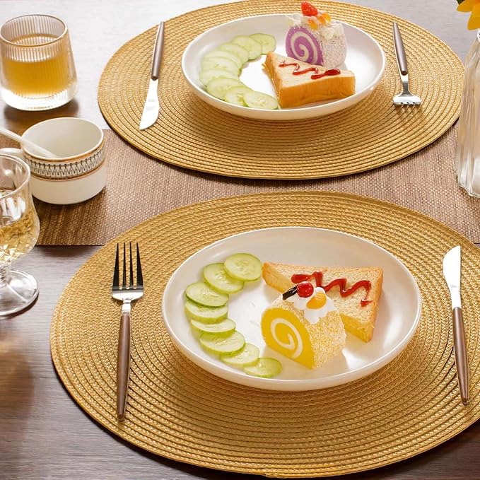 FunWheat Round Braided Placemats Set of 8 Table Mats for Dining Tables Woven Washable Non-Slip Place mats 15 inch(Pumpkin Yellow,8pcs)