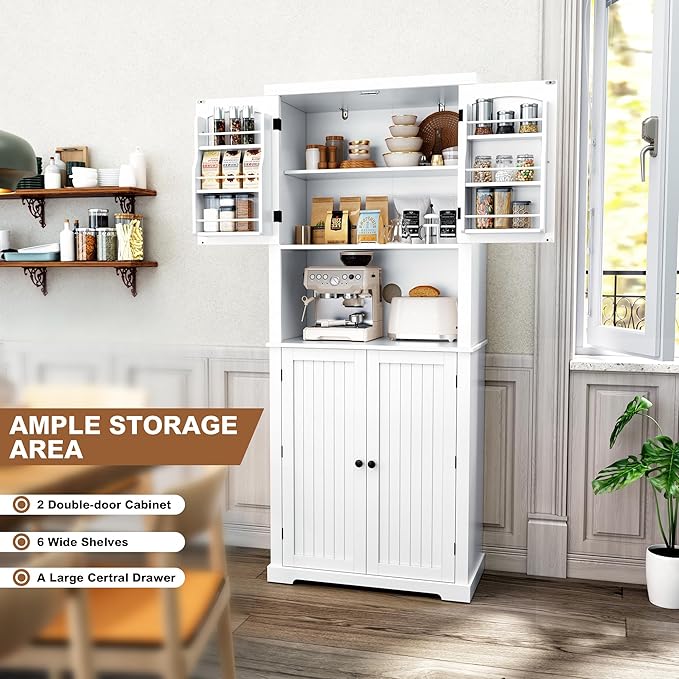 HLR 72" Kitchen Pantry Storage Cabinet, Freestanding Larder Cupboard, Kitchen Hutch Cabinet with Microwave Stand,Utility Pantry with Doors and Shelves for Dining Room, Living Room