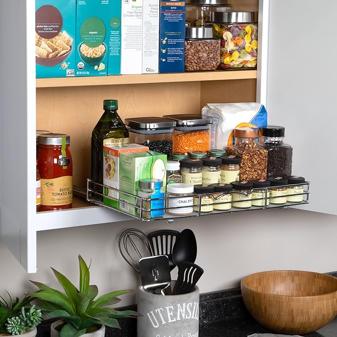 Pull Out Cabinet Organizer for Spices, Cans - Heavy Duty with Lifetime Limited Warranty- Pull Out Spice Rack- Cabinet Pull Out Shelf for Cans,Dishes, Etc, 18-3/8"Wx 10-1/2"D x 2-3/4??H, Chrome