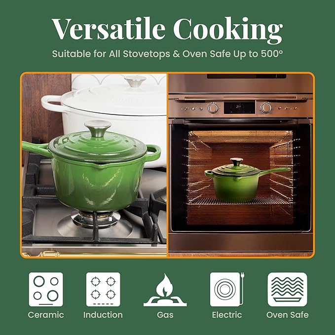 Larder & Vine Enameled Cast Iron Saucepan | 2.2 qt Sauce Pan with Lid | Saucepan with Pour Spouts | Enameled Cast Iron Pot Compatible on All Cooktops & Oven Safe to 500째 F | Okra