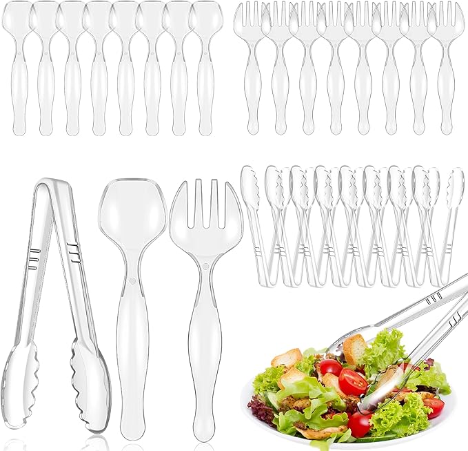 Mwellewm 24Pcs Plastic Serving Utensils 9'' Disposable Serving Spoons for Buffet Clear Forks Serving Tongs Heavy Duty Large Party Utensils Supplies for Restaurant Food Dinner Salad Noodles Soup