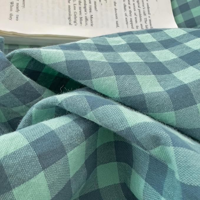 LifeTB Green Gingham Comforter Set King 3 Pieces Plaid Checkered Pattern Comforter Green Blue Grid Bed Comforter Set with 2 Pillowcases Fluffy Soft Checkered Comforter Grid Farmhouse Bedding Set