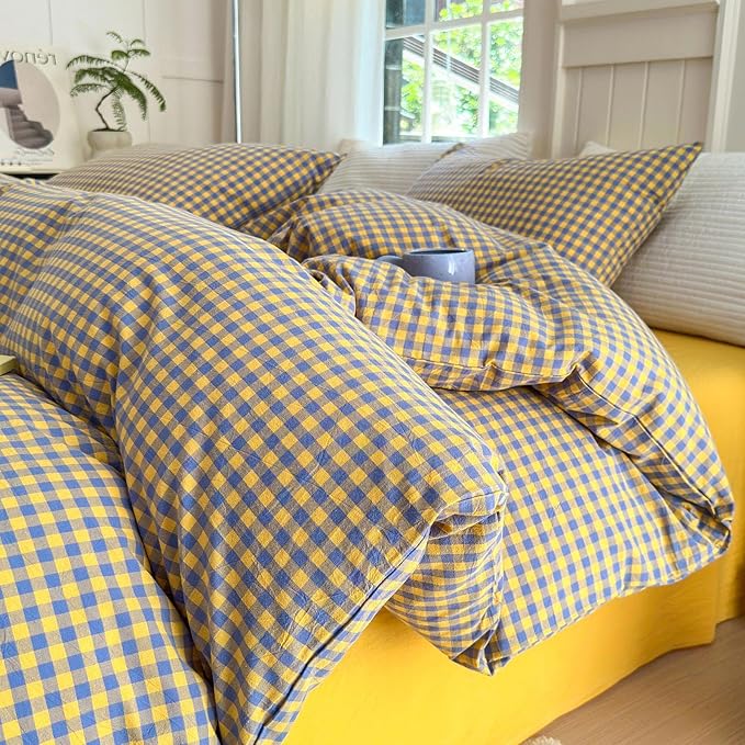 LifeTB Gingham Comforter Set Full Modern Style Purple Yellow Grid Plaid Comforter Set Soft Fluffy Checkered Pattern Comforter with 2 Pillowcases Farmhouse Gingham Grid Bedding Comforter Breathable