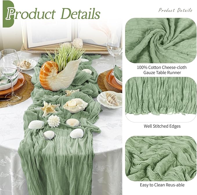 RealBox 6 Pack Sage Green Cheesecloth Table Runner 17x108 Inch Semi Sheer Boho Gauze Cheese Cloth Fabric Table Runners Table Decor for Wedding Party Baby Shower Birthday Home Decor Garden Farmhouse