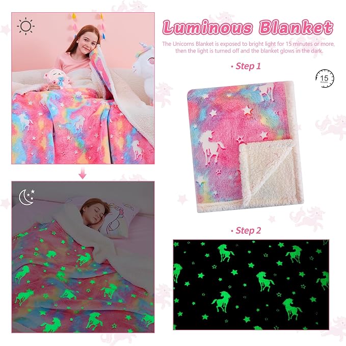 QSTEHEML Unicorns Glow in The Dark Blanket,Unicorn Gifts Sherpa Fleece Throw Blanket for Girls Age 3-12 Year Old, for Teens- Christmas Birthday Bedroom Decor 50"횞60"