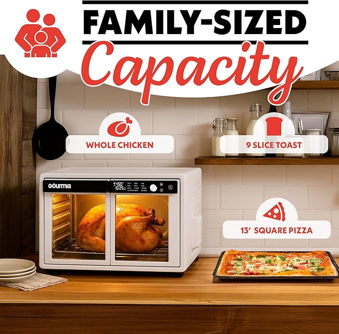 Gourmia French Door Air Fryer Oven - 37 Qt Large Capacity Convection Toaster Oven, FryForce 360°, Digital Display, 12 Cooking Presets, Dehydrate, Fits 13??Pizza, Dishwasher-Safe, White