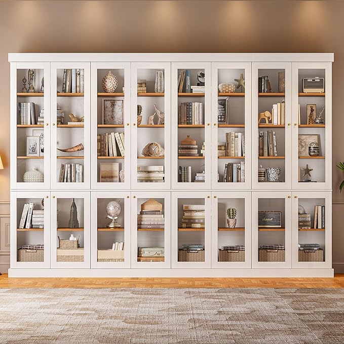 70.8" Bookshelf with Glass Doors, Farmhouse Modular Bookcase with 6-Tier Adjustable Shelves, Large Storage Cabinet for Living Room & Home Office, Set of 4, White