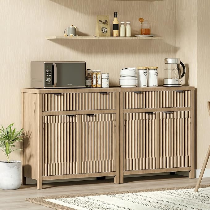 FLOWBACK 64'' Fluted Buffet Cabinet with Storage竊똋arge 62''W Sideboard Cabinet Modern Credenza with Fluted Doors & Shelves Farmhouse Coffee Bar Media Console Accent Cabinets for Living Room, Entryway