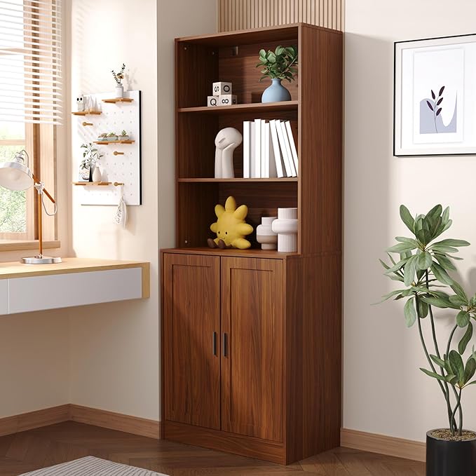 75" Tall Bookcase with Doors, 5 Tier Large Bookshelf with Cabinet, Standing Wood Display Book Shelf for Living Room, Office, Library with Doors, Brown