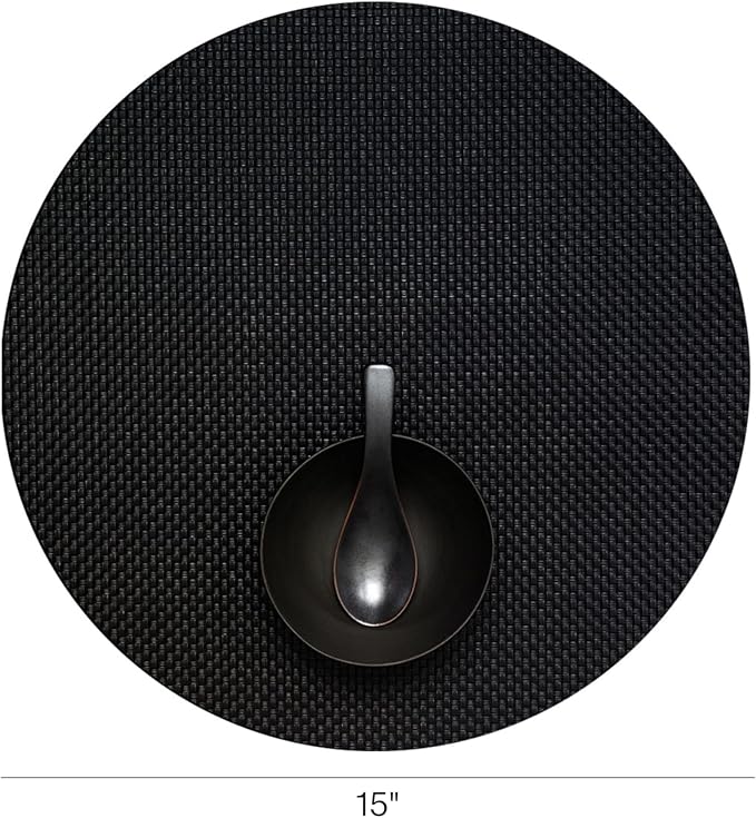 Chilewich Basketweave Placemats in Black - Set of 4 - Easy Care Woven Tabletop Textiles - Indoor/Outdoor - 15" Round
