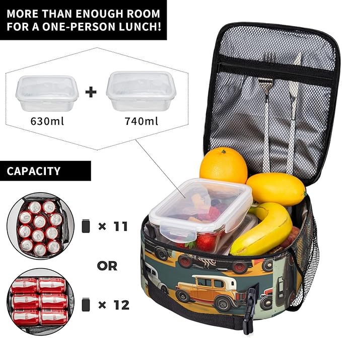 VANZEV Insulated Lunch Box for Women Men, Cars Theme Lunch Box Reusable Portable Lunch Bag Cooler Tote Waterproof Lunch Container for Office Picnic Work Travel