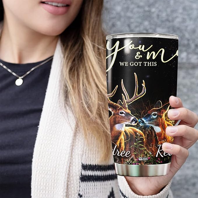 WAZONE Personalized Deer Couple Tumbler Customized Name Deers Travel Gift For Couples On Valentines Day Christmas Anniversary Double Wall Insulated 20 30oz Stainless Steel Cup