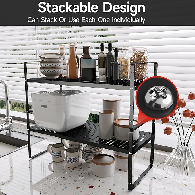2Pack Expandable Cabinet Countertop Shelves 16.5-27?쇺셂, Adjustable Metal Spice Rack Organizer, Stackable Kitchen Counter Storage Shelves Organizers for Cabinet Organization, Black