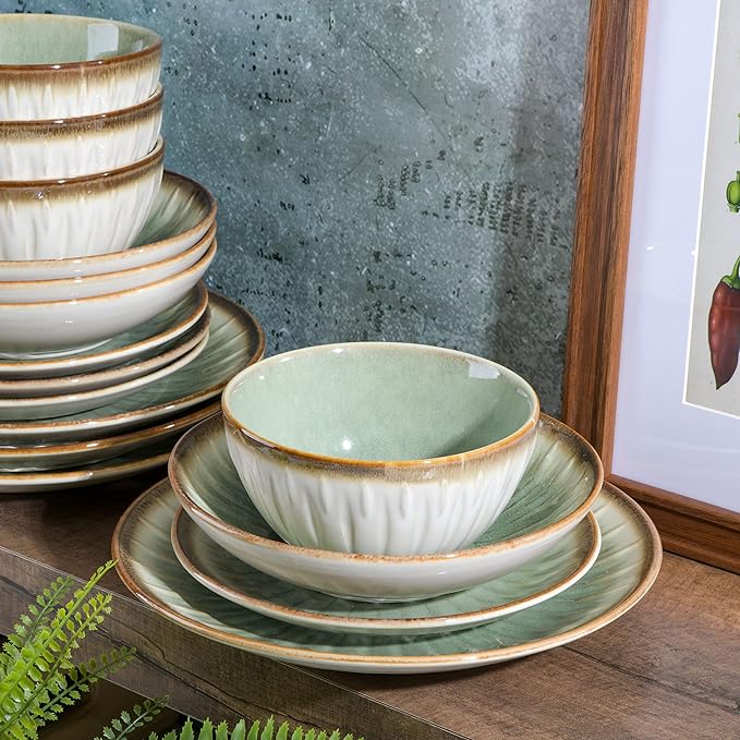 Gibson Elite Mayfair Bay 16-Piece Embossed Double Bowl Dinnerware Set, Service for 4 ??Green Stoneware Plates and Bowls