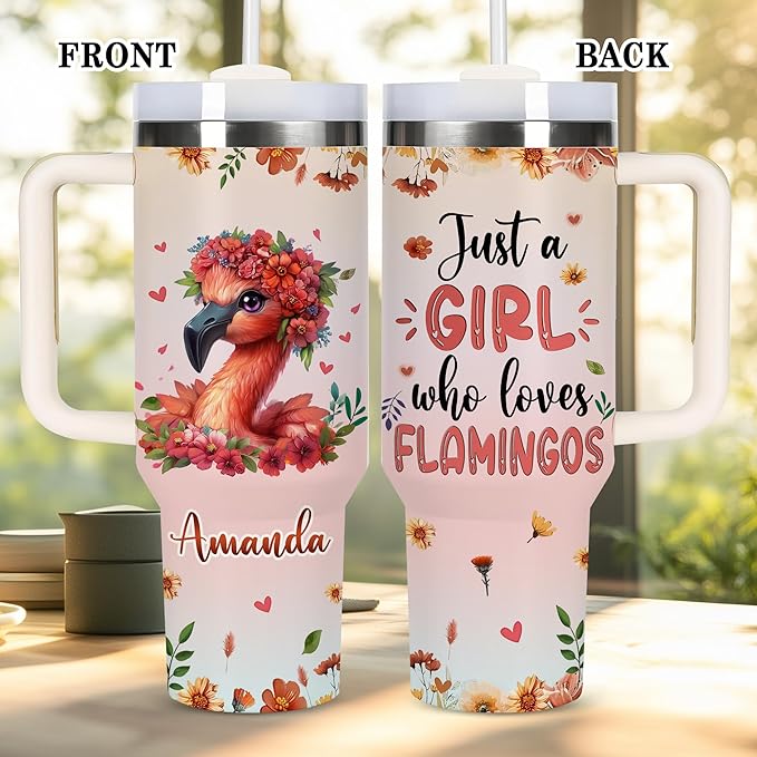AGGLOMEKC Personalized Cute Flamingo Cup - Mother's Day Birthday Gift For Animal Lovers - Just A Girl Who Loves Flamingo Tumbler 40oz With Custom Name - Pet Lover Gifts For Women, Her