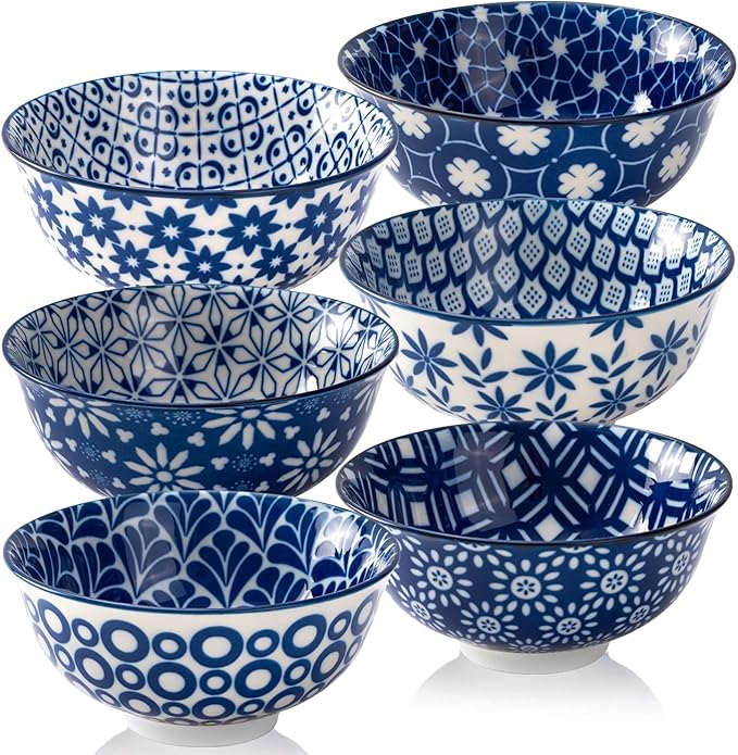 AntoKueh 6 inches Blue and White Ceramic Bowls, 23Oz Deep Cereal Porcelain Bowls set of 6, Large Soup Bowls for Salad, Fruit, Vintage
