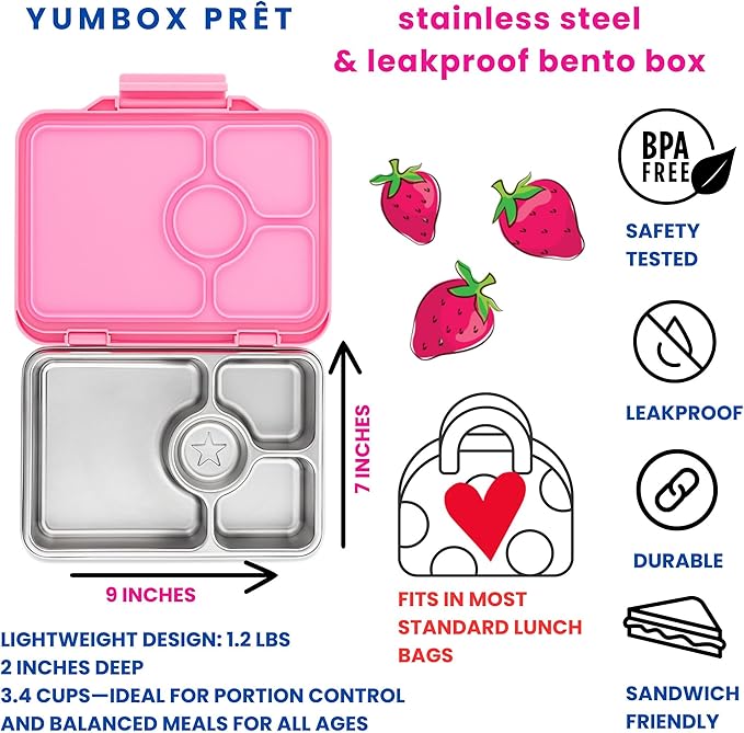 Yumbox Pr챗t Stainless Steel Bento Lunch Box, 3 Compartment, Secure Seal, BPA-Free, Dishwasher Safe, Compact & Lightweight for Kids & Adults, School & Office Lunch, Portion Control (Versailles Pink)