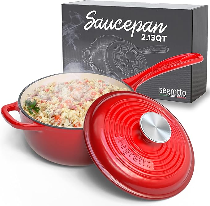 Small Sauce Pan with Lid, 2.13 QT Rosso (Gradient Red) Sauce Pot, Small Pot with Stay Cool Helper Handle and Tight-Fitting Lid - Segretto Cookware