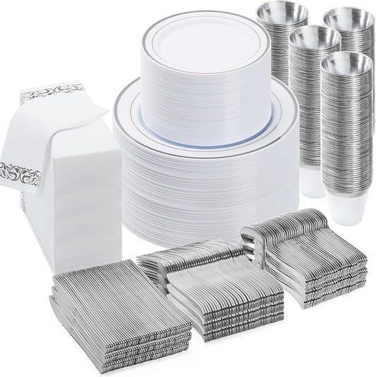 BESTVIP 700 PCS Silver Dinnerware Set for 100 Guests, Plastic Dinnerware Set for Party, Wedding, Christmas, Include: 200 Plastic Plates, 100 Silver Silverware, 100 Cups, 100 Paper Napkins
