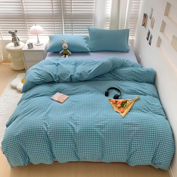 LifeTB Queen Comforter Set Blue Grey Gingham Comforter with 2 Pillowcases Modern Style Geometric Plaid Grid Comforter Farmhouse Gingham Bedding Set 3 Pieces Fluffy Checkered Comforter Set