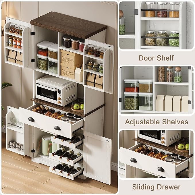ChooChoo 72" Pantry Cabinet with Storage Drawers, Farmhouse Kitchen Hutch Bar Cabinet with Microwave Stand, Kitchen Cupboard with Door Shelves for Dining Room, Living Room, Antique White & Brown