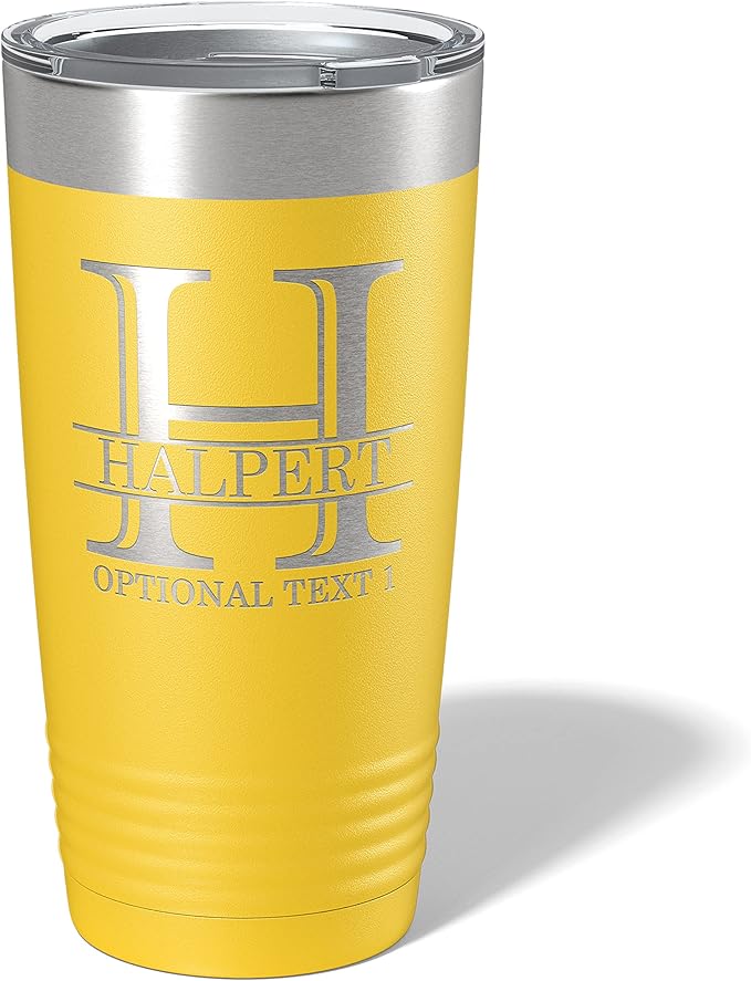 Personalized 20oz (17 Colors) Powder Coated Insulated Stainless Steel Tumbler with Lid, Custom Etched, Customized Engraved Gift Idea for Women Men Her Him, Halpert Monogram Initial Name (Yellow)