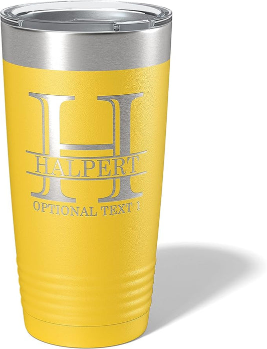 Personalized 20oz (17 Colors) Powder Coated Insulated Stainless Steel Tumbler with Lid, Custom Etched, Customized Engraved Gift Idea for Women Men Her Him, Halpert Monogram Initial Name (Yellow)