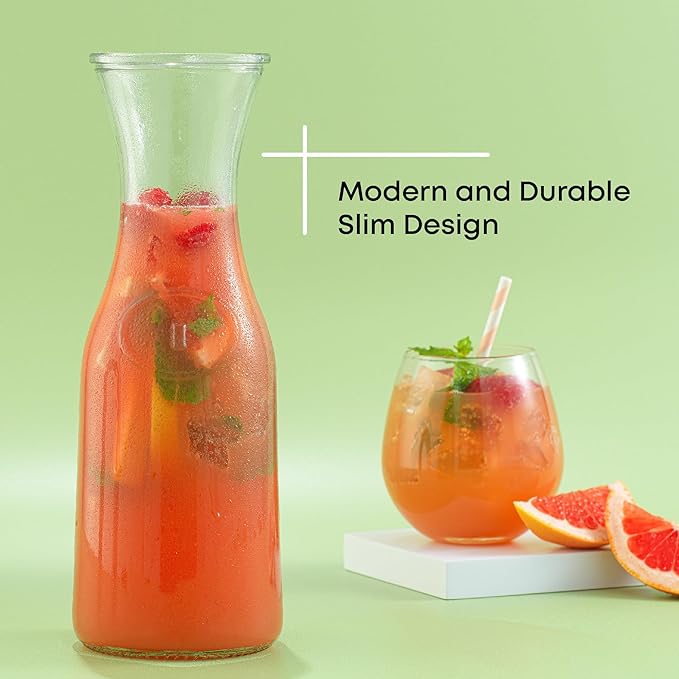JoyJolt Glass Carafe with Lid, Set of 3 ??1 Liter Glass Pitcher for Mimosa Bar, Water, Iced Tea, Juice, Wine, Lemonade, Milk ??Dishwasher Safe Beverage Drink Dispensers for Brunch, Parties