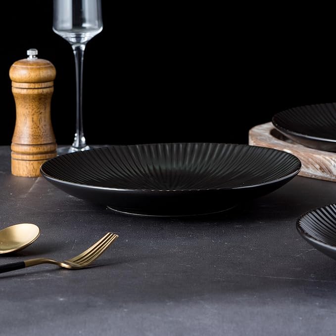 CLAY TONIC Set of 4-10.3 Inch Japanese Style Porcelain Round Dinner Plates, Versatile Circular Serving Plates for Pasta, Salad, Steak Dinner (Black, 10.3 Inches)