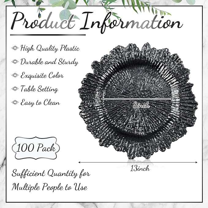 Tanlade 100 Pcs Reef Charger Plates Bulk 13 Inch Plastic Wedding Chargers Floral Decorative Plates with Metallic Ruffled Rim for Wedding Party, Holiday Event Supplies(Black)