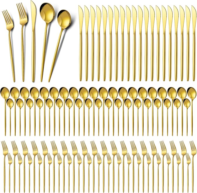 Meanplan 200 Pcs Gold Silverware Set Stainless Steel Flatware Set Cutlery with Knives Spoons and Forks Portable Reusable Gold Utensils Kit for Home Restaurant Apartment and Kitchen, Service for 40
