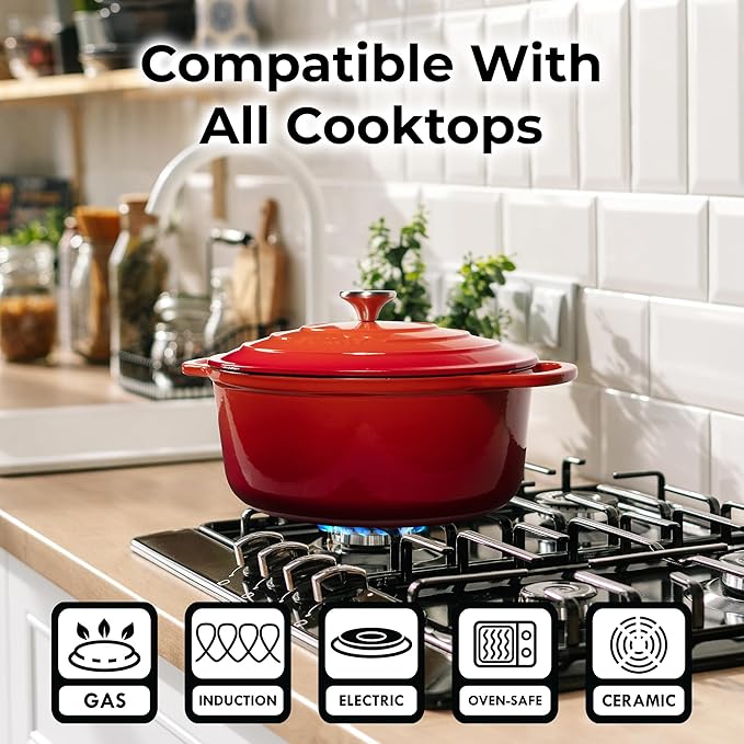 Zulay Kitchen 5 Quart Enameled Cast Iron Dutch Oven Pot with Lid ??Premium Durability & Oven Safe up to 500째F ??Heavy Duty Cookware Perfect for Bread Baking, Stews, Braising & Roasting ??Orange