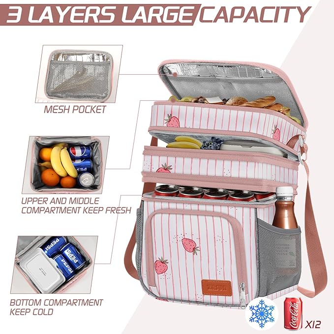 ZRSUN Insulated Lunch Bag for Women Men, Reusable 3 Layers Lunch Box Women, Expandable Reusable Water-resistant Lunch Box for Work Travel Office Picnic Hiking (Pink)