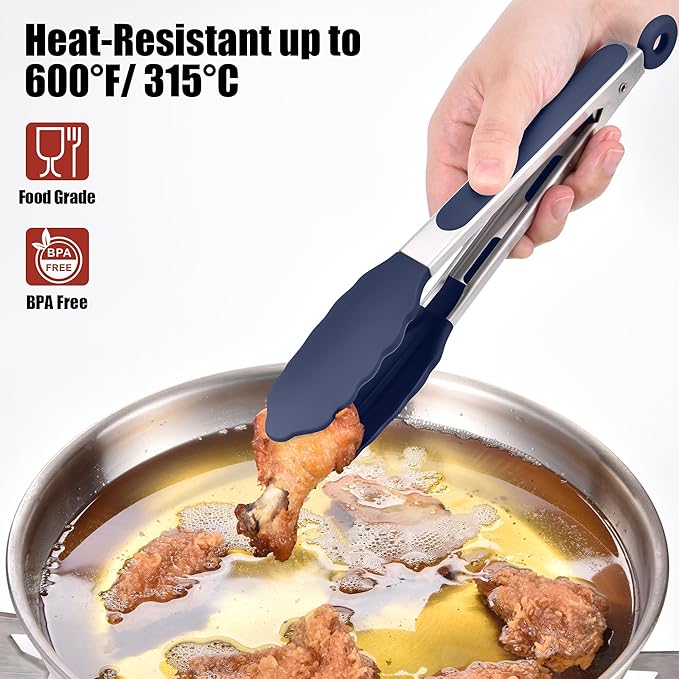 Doosu Kitchen Tongs for Cooking - 600째F Heat Resistant Food Tong with Non-Scratch Silicone Tips, Heavy Duty Stainless Steel Locking Tong for BBQ, Grilling Steak, Serving Salad Pasta (9in, Navy Blue)