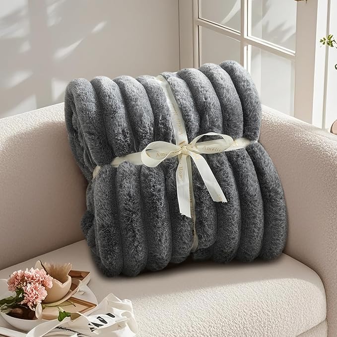 Am챕lie Home Faux Fur Throw Blanket for Couch, Ultra Cozy Fuzzy Fluffy Fur Luxurious Soft Striped Plush Gift Blankets for Family Sofa Chair Bedroom, 60"x80", Cationic Wolf Gray
