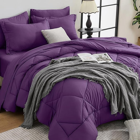HEVUMYI Grape Purple King Comforter Set - 7-Piece All Season Bed in a Bag King, Ultra Soft Bedding Set with Comforter, Flat Sheet, Fitted Sheet, Pillowcases, Pillow Shams