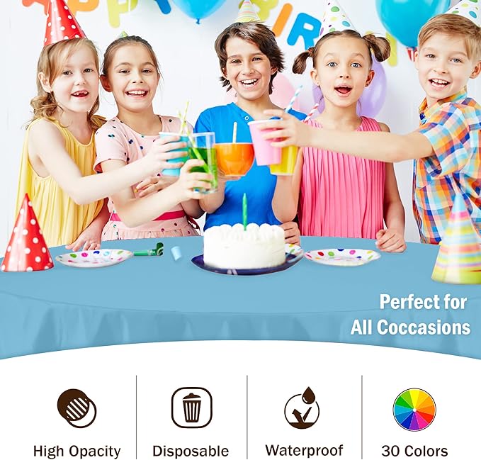 Party Solids 6-Pack Premium Plastic Tablecloth 84in. Round Plastic Table Cover - Sky Blue