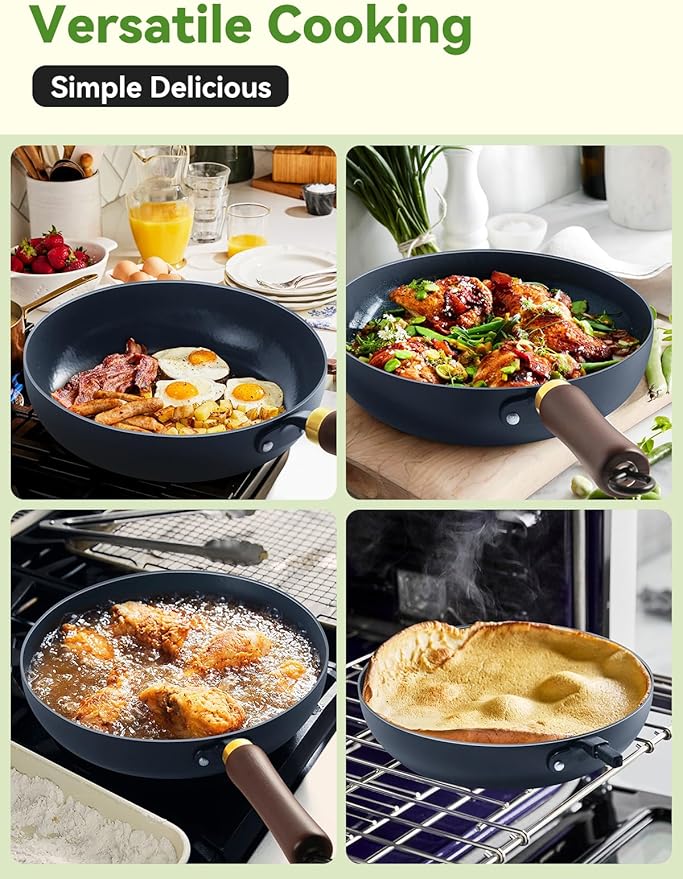 Nonstick Frying Pan, 9.5-Inch Enameled Carbon Steel Pan, Stay-Cool Wooden Handle Stir-Fry Pan, Non Toxic, PTFE & PFOA Free Oven-Safe, Season-Free Carbon Steel Skillet For All Stovetops