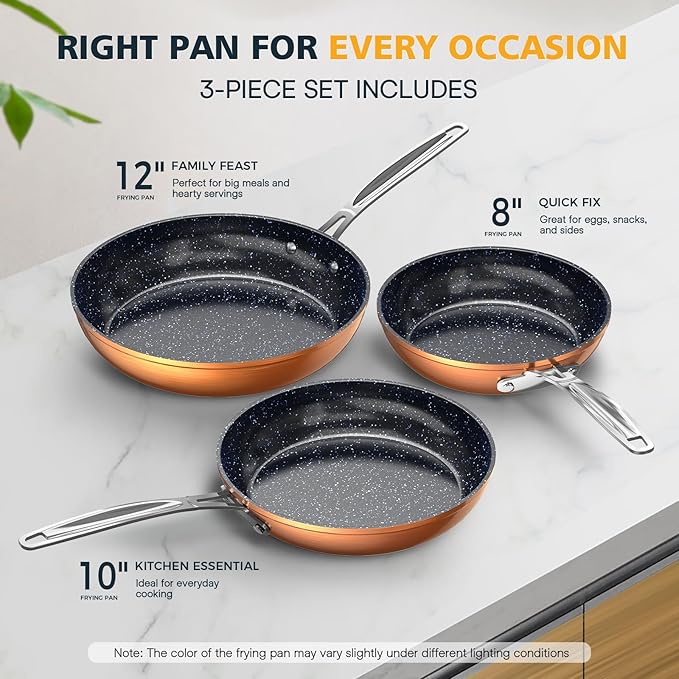 Nuwave 3-Piece 8?? 10?? 12??Forged Lightweight Frying Pan Set, G10 Healthy Duralon Blue Ceramic Ultra Non-Stick, Ergonomic Stay-Cool Handles, Induction-Ready & Works on All Cooktops