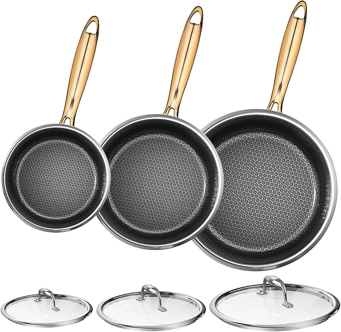 Fogdream 8"10"12" Non Stick Frying Pans, Stainless Steel Skillet with Lid,Tri-Ply Stainless Steel for All Cooktops, Dishwasher and Oven-Safe Cooking Pan, Stay-Cool Handle, Gold