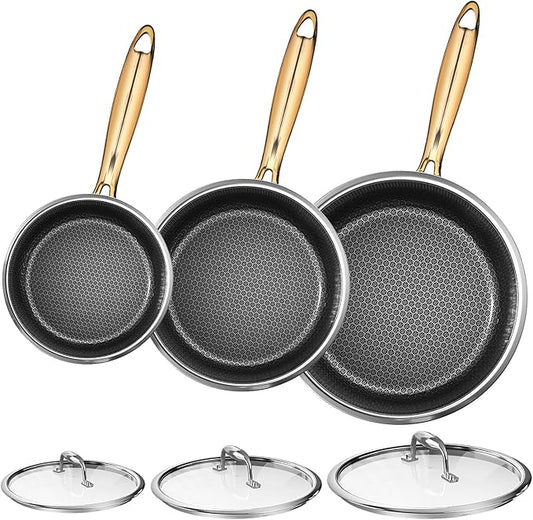 Fogdream 8"10"12" Non Stick Frying Pans, Stainless Steel Skillet with Lid,Tri-Ply Stainless Steel for All Cooktops, Dishwasher and Oven-Safe Cooking Pan, Stay-Cool Handle, Gold