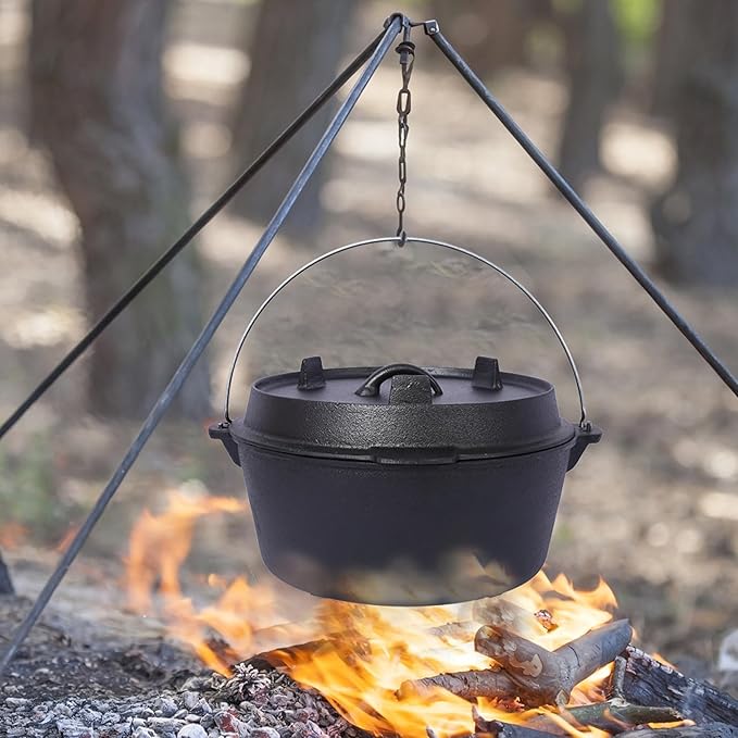 Cast Iron Camping Dutch Oven with Lid Lifter and Rack, 2-In-1 Pre-Seasoned Skillet Lid Cooking Pan with Pull Ring, Use on the Stove, on the Grill, Campfire & Stovetop Safe, 4.5 Quart/6 Quart/8 Quart/12 Quart (8 QT)