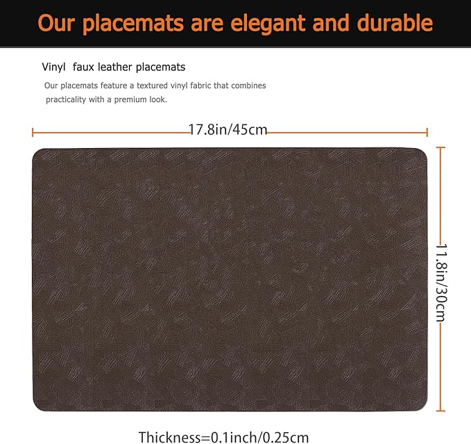 Uolr Vinyl Placemats Set of 8 Faux Leather 100% Waterproof Wipeable Washable Place Mats Heat Resistant Easy Clean Non-Slip Table Mats for Indoor Outdoor. (8,Coffee)