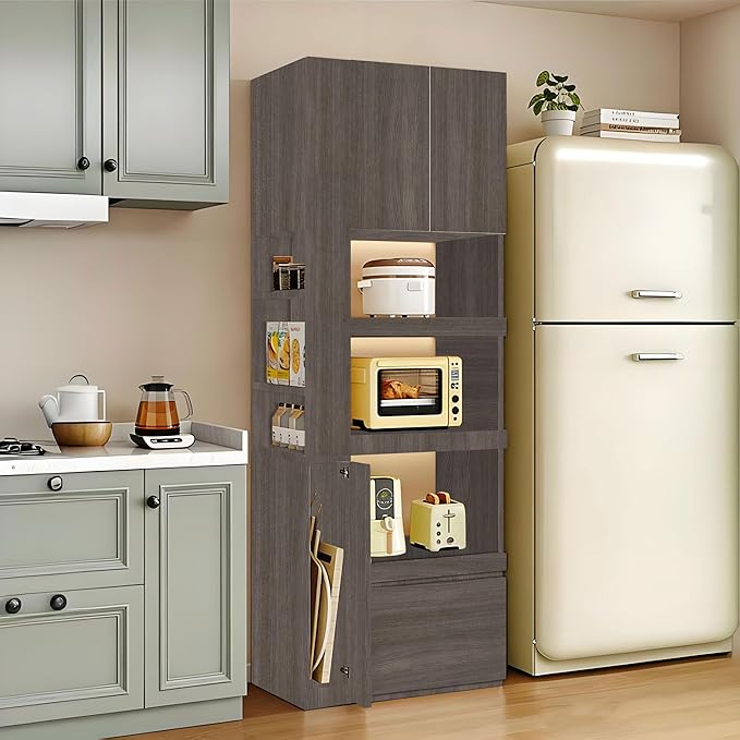 LINLIUA 71'' Tall Kitchen Pantry Cabinet, Wood Pantry Storage Cabinet with Doors, 3 Pull-Out Shelves and Drawer, Modern Slim Kitchen Hutch for Dining Room Small Space
