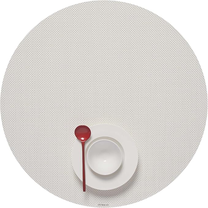 Chilewich Mini Basketweave Placemats in White - Set of 4 - Easy Care Woven Tabletop Textiles - Indoor/Outdoor - 15" Round